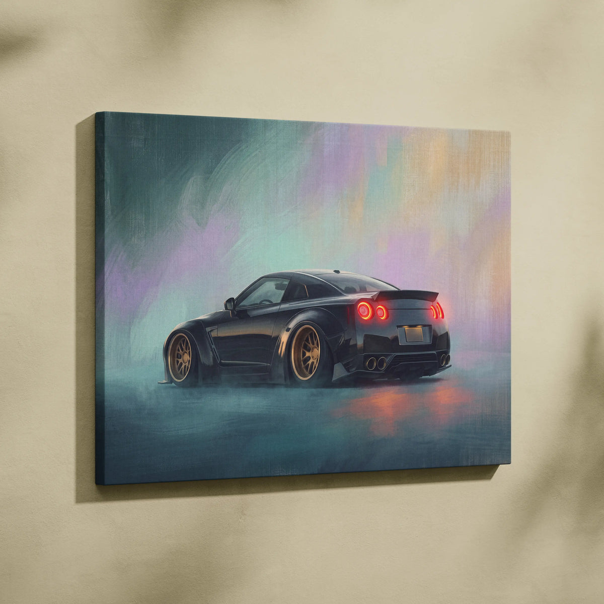 Black nissan r35 gt-r widebody canvas art with glowing red taillights and gold rims on colorful mist backdrop