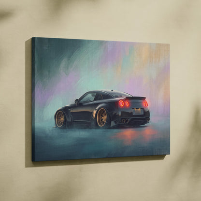 Black nissan r35 gt-r widebody canvas art with glowing red taillights and gold rims on colorful mist backdrop