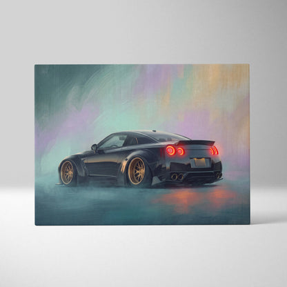 Black nissan gt-r with gold rims and glowing red taillights in stylized painting for modern automotive wall art decor