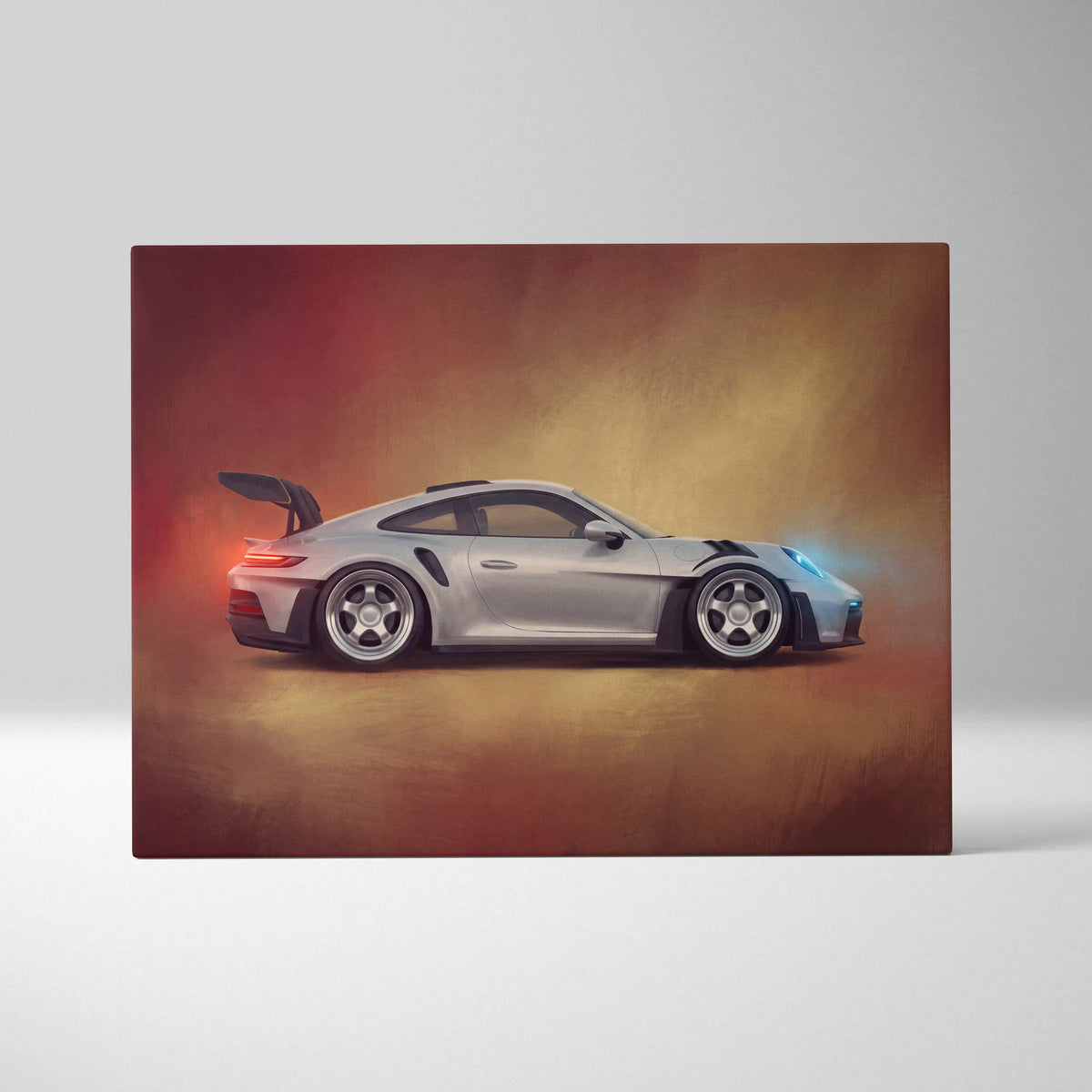 Silver porsche 911 gt3 rs sports car canvas print with glowing red and blue accents premium automotive wall decor