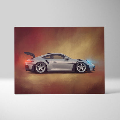 Silver porsche 911 gt3 rs sports car canvas print with glowing red and blue accents premium automotive wall decor