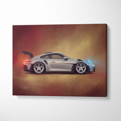 Silver porsche 911 gt3 rs canvas art featuring sleek design black racing stripes and glowing blue headlights on warm background