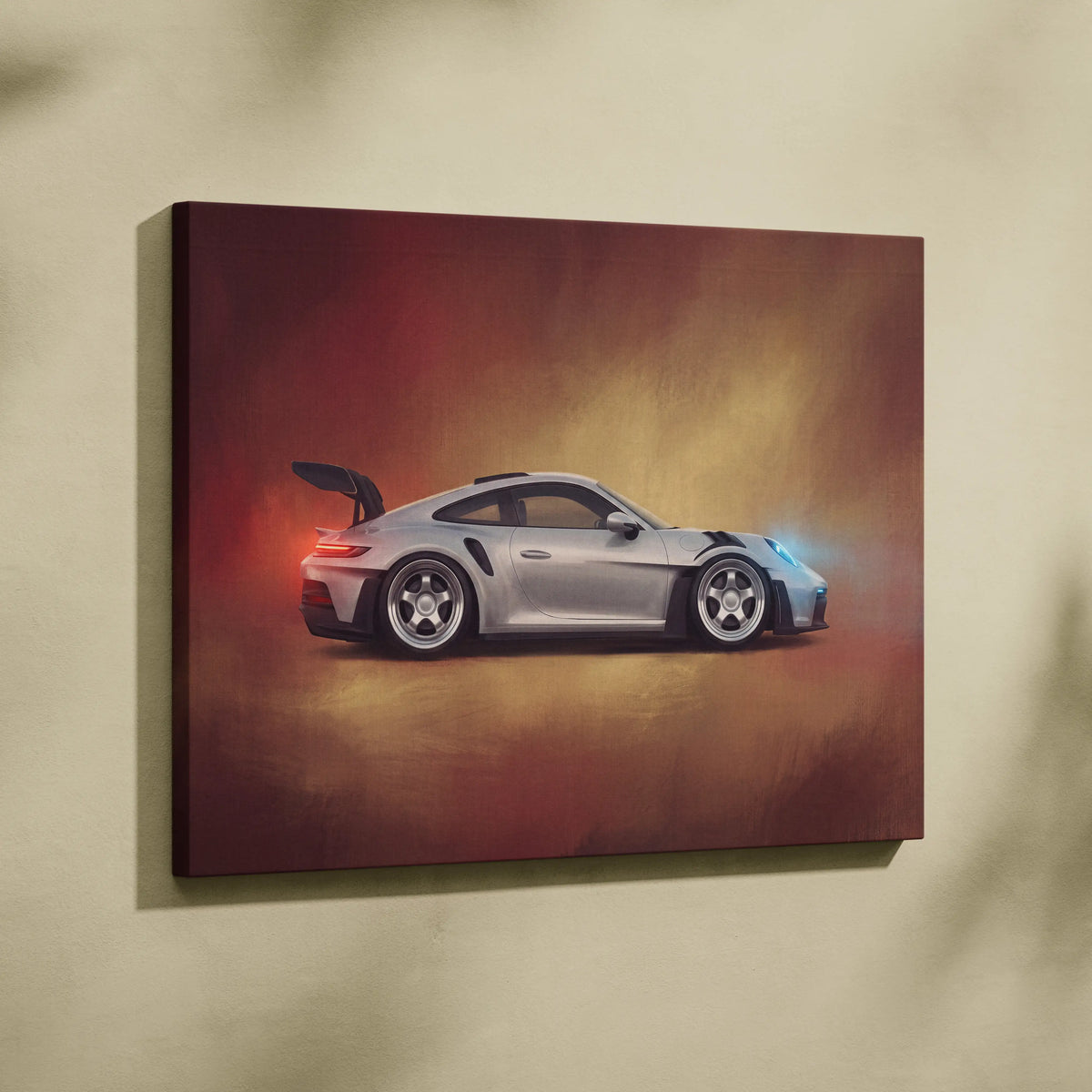 Silver porsche 911 gt3 rs canvas art with black racing stripes and glowing accents for premium automotive decor