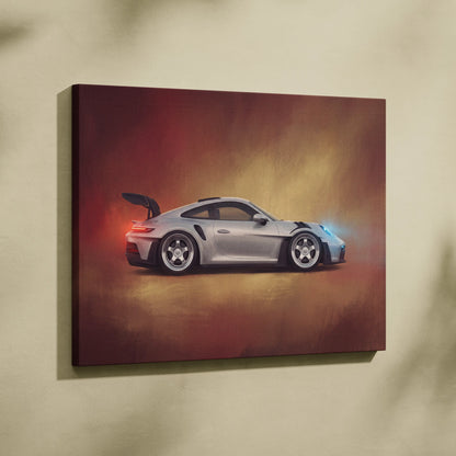 Silver porsche 911 gt3 rs canvas art with black racing stripes and glowing accents for premium automotive decor