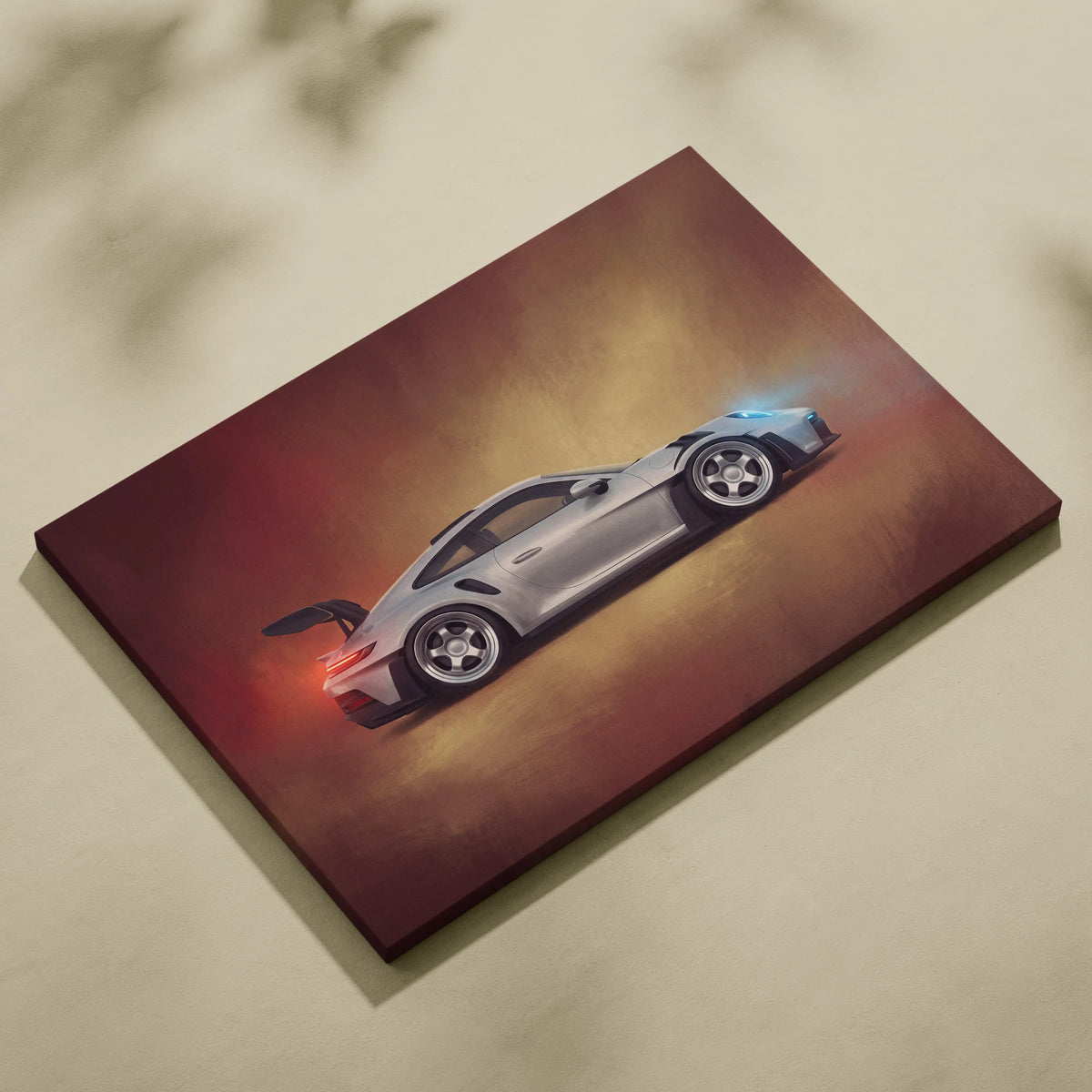 Silver porsche 911 gt3 rs inspired canvas art with glowing blue and red accents premium automotive wall decor