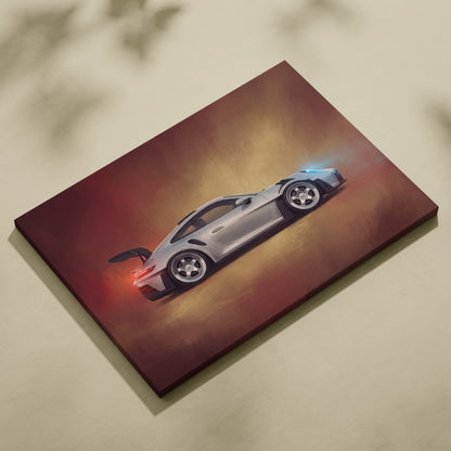 Silver porsche 911 gt3 rs inspired canvas art with glowing blue and red accents premium automotive wall decor