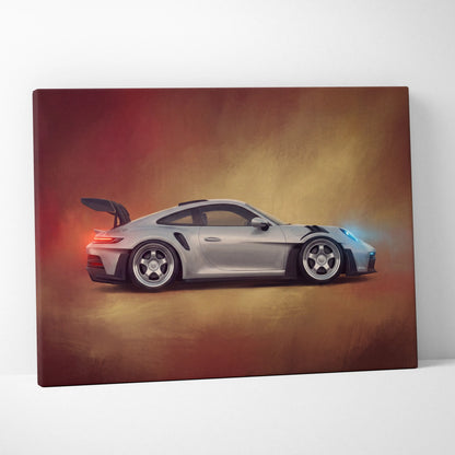 Silver Porsche 911 GT3 RS inspired canvas art with sleek aerodynamic design and glowing blue and red accents