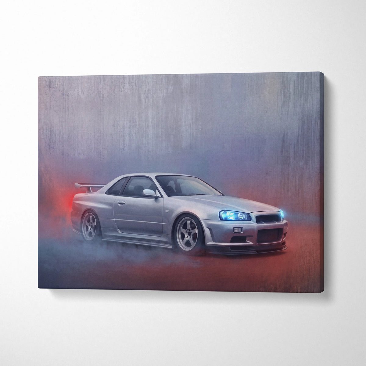 Silver Nissan Skyline R34 GT-R canvas print featuring a drifting car with glowing blue headlights and red smoke effects