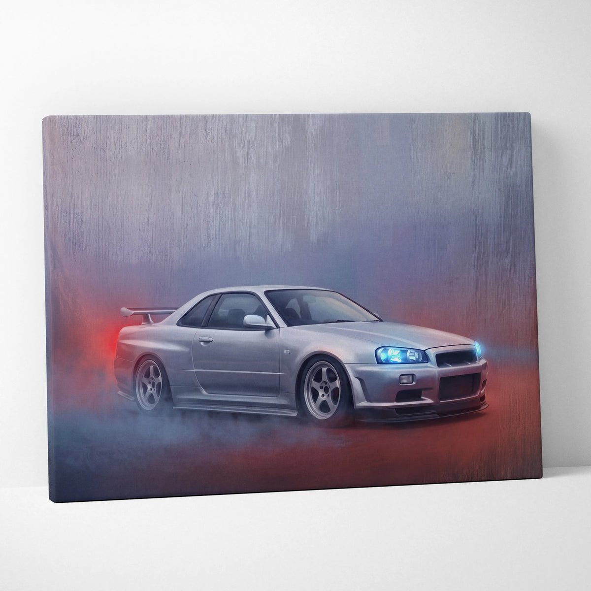 Silver Nissan Skyline R34 GT-R canvas print with glowing blue headlights and red exhaust smoke automotive wall art