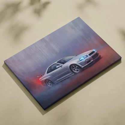Silver nissan skyline r34 gt-r canvas print with dynamic motion blur and glowing blue headlights automotive wall art