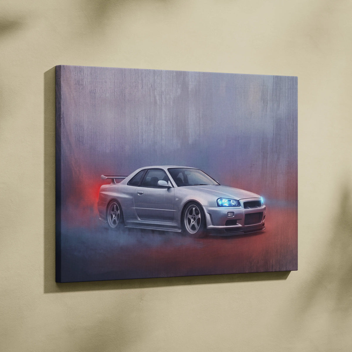 Silver nissan skyline r34 gt-r canvas print with red and blue lighting effects for japanese jdm car wall art