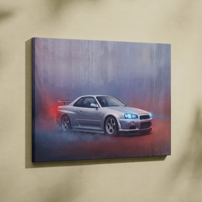 Silver nissan skyline r34 gt-r canvas print with red and blue lighting effects for japanese jdm car wall art