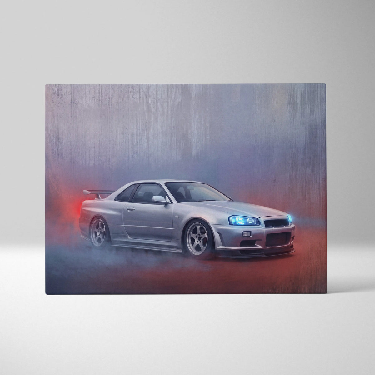 Silver nissan skyline r34 gt-r canvas print with sleek design glowing blue headlights and red smoke effects wall art
