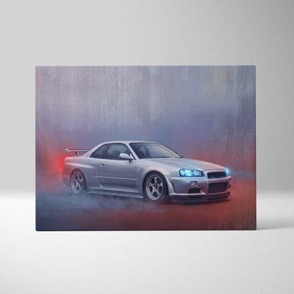 Silver nissan skyline r34 gt-r canvas print with sleek design glowing blue headlights and red smoke effects wall art