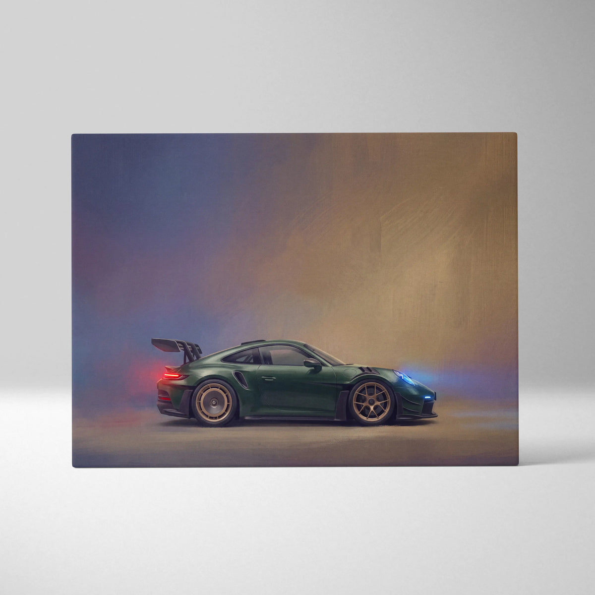 A sleek dark green Porsche 911 GT3 RS sports car with gold alloy wheels on German supercar canvas wall art