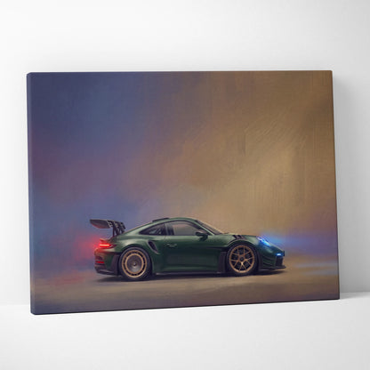 Green Porsche 911 GT3 RS inspired canvas print featuring sleek sporty design with glowing red and blue accents