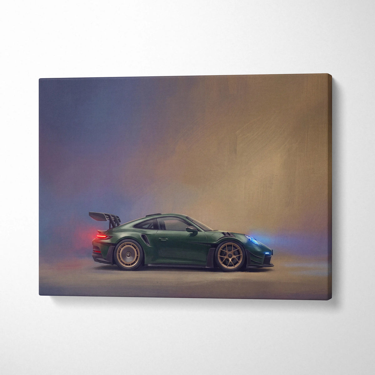 Green Porsche 911 GT3 RS canvas print featuring sleek sporty design with glowing red and blue accents wall art