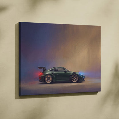 Green Porsche 911 GT3 RS canvas print with a sleek sporty design and glowing red and blue accents for automotive wall art