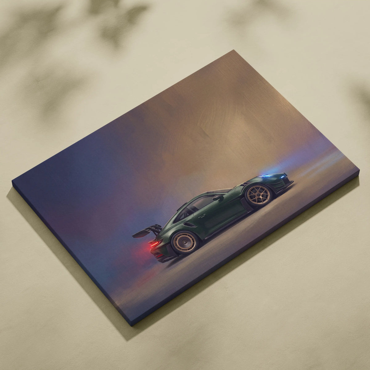 A dark green porsche 911 gt3 rs inspired sports car canvas print with glowing lights against a twilight sky