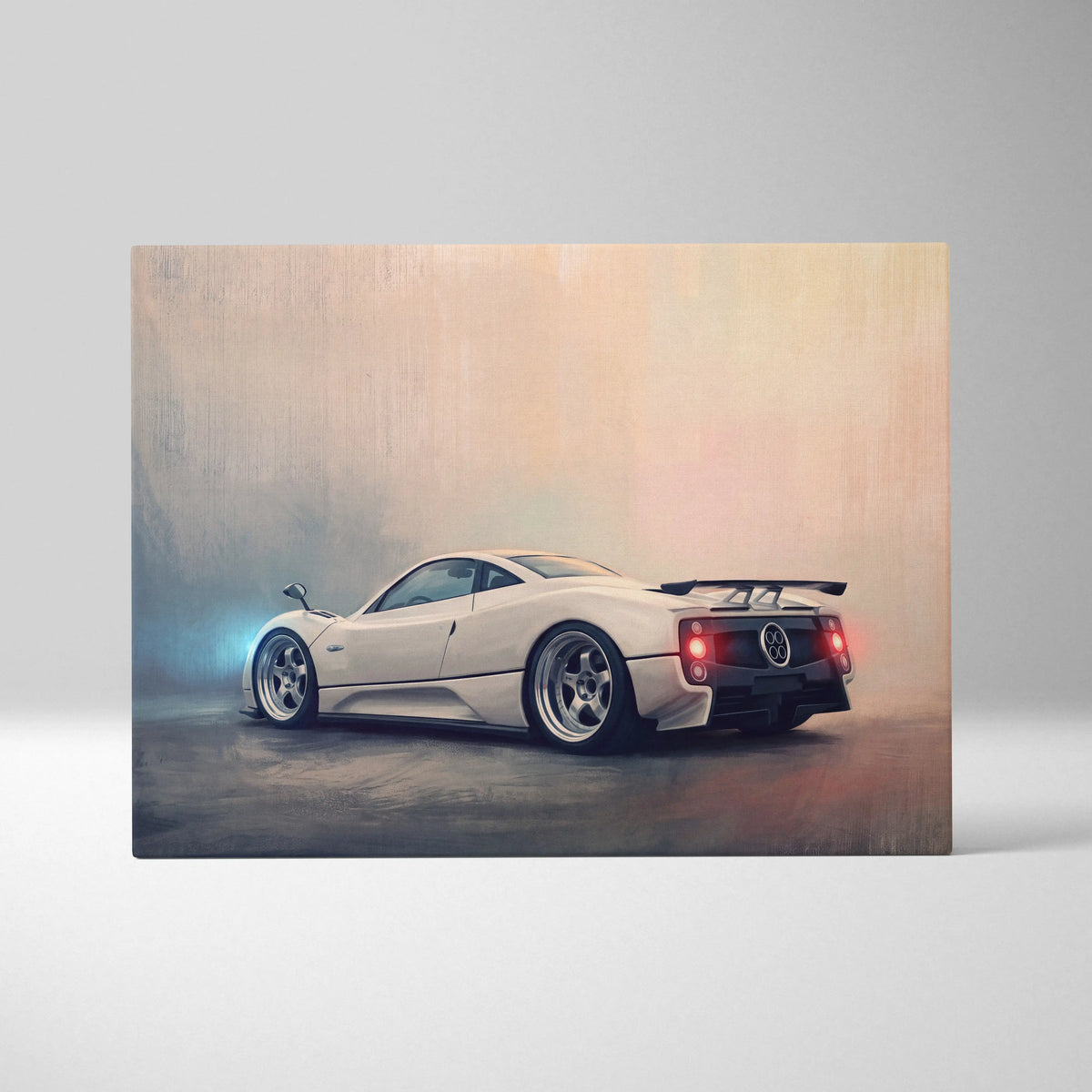 Cream-colored matte-finish pagani zonda inspired sports car painting on canvas premium automotive wall decor