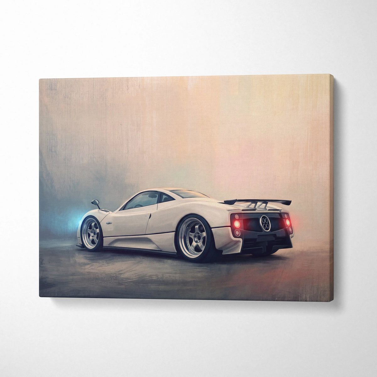 Cream-colored canvas print featuring a sleek Pagani Zonda inspired sports car with glowing red taillights and rear spoiler