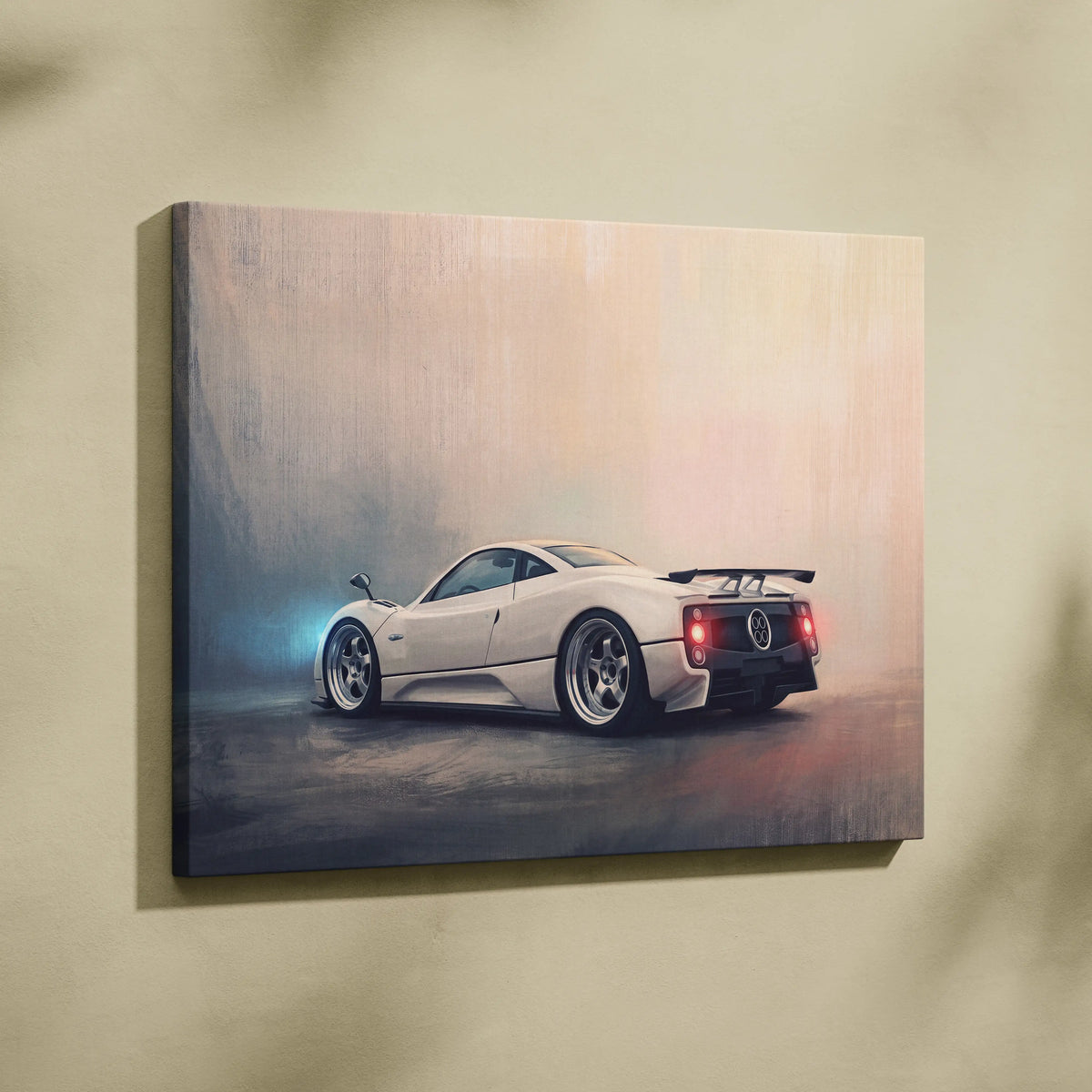White pagani zonda inspired canvas art featuring a sleek aerodynamic design with glowing red taillights rear view