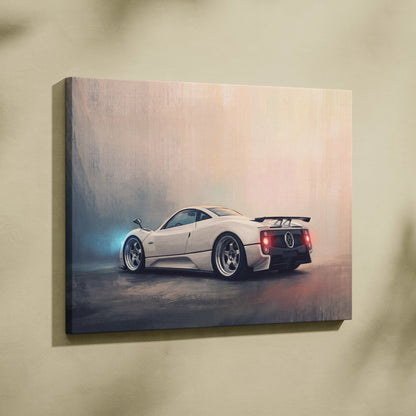 White pagani zonda inspired canvas art featuring a sleek aerodynamic design with glowing red taillights rear view