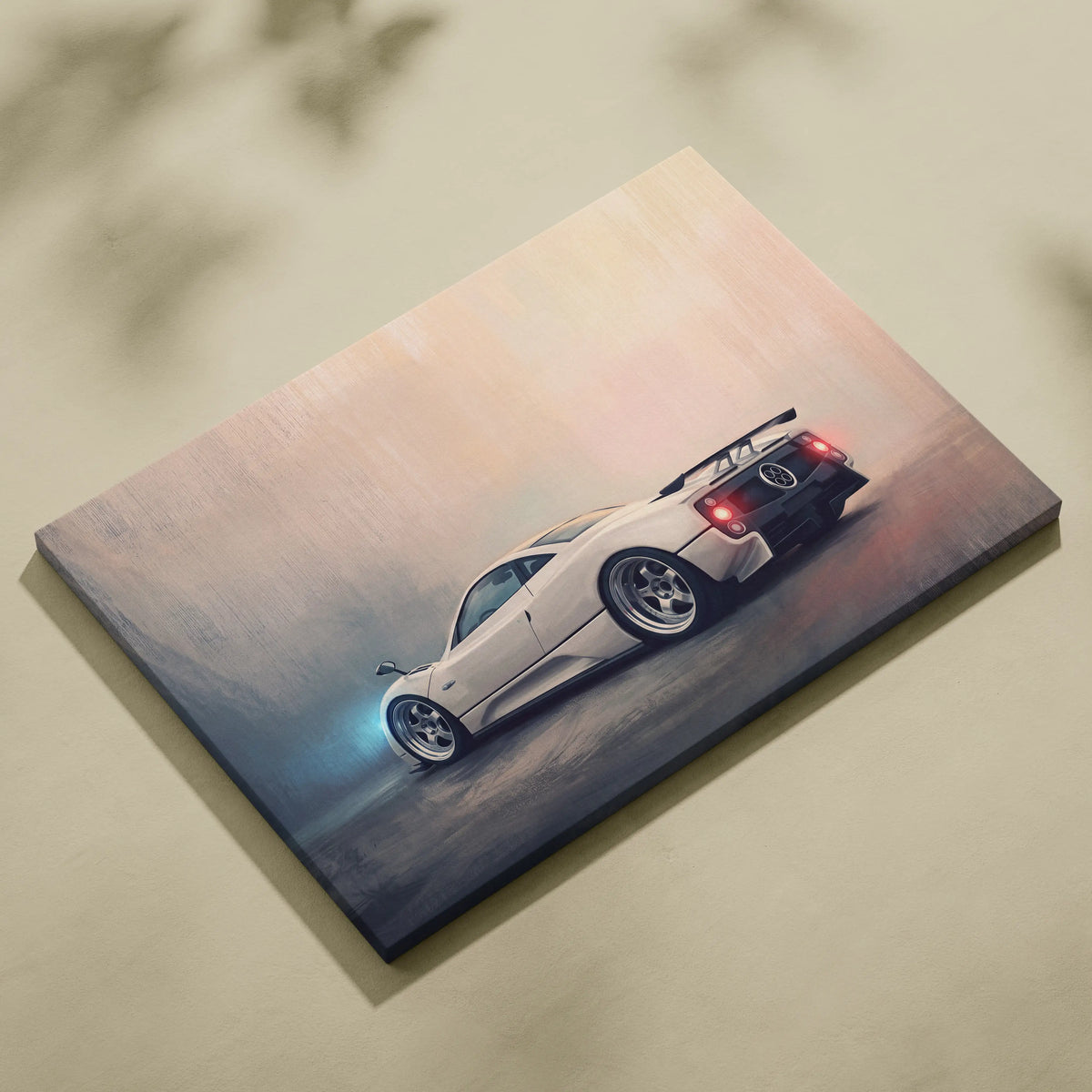 A sleek white pagani zonda sports car with glowing blue and red accents on a premium automotive canvas print