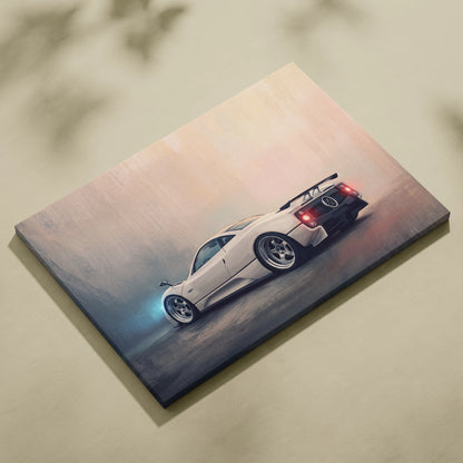 A sleek white pagani zonda sports car with glowing blue and red accents on a premium automotive canvas print