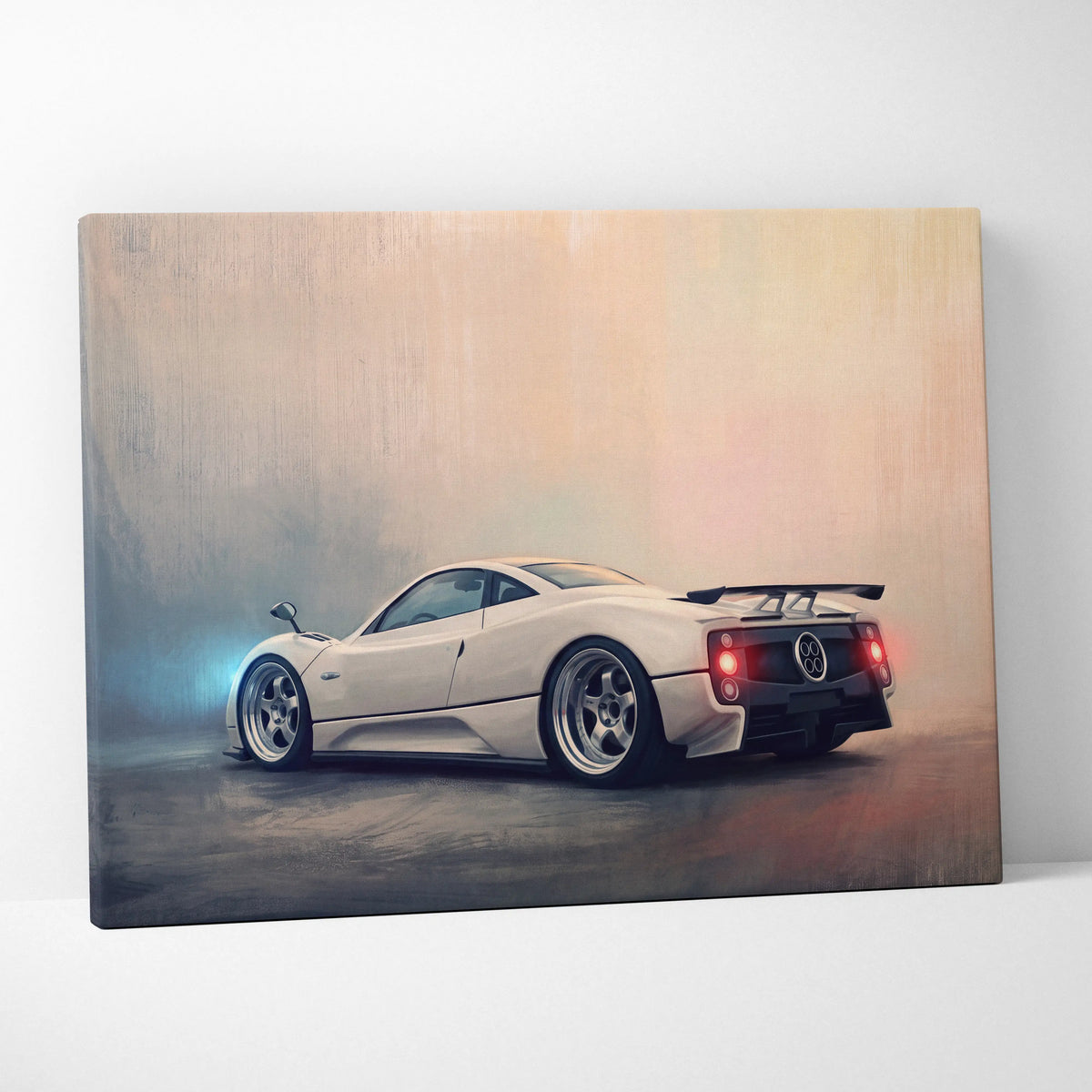 Cream-colored canvas print featuring a detailed white pagani zonda sports car illustration with red taillights and black spoiler
