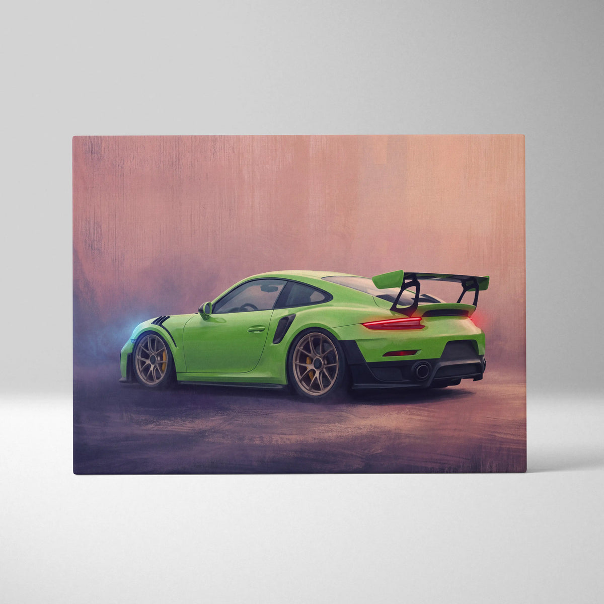 Vibrant lime green porsche 911 gt2 rs sports car canvas print with black racing stripes and rear spoiler wall art