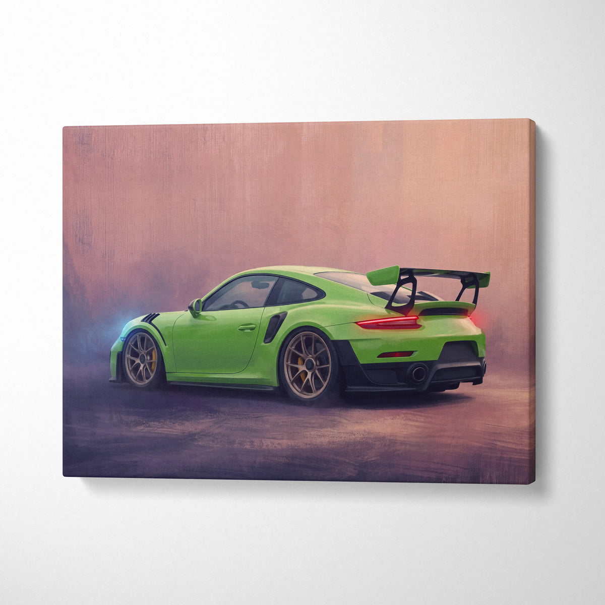 Vibrant lime green porsche 911 gt2 canvas print with black racing stripes and rear spoiler for custom wall art
