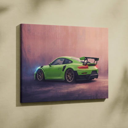Vibrant lime green Porsche 911 GT3 RS sports car canvas print with sleek design and black racing stripes for wall art
