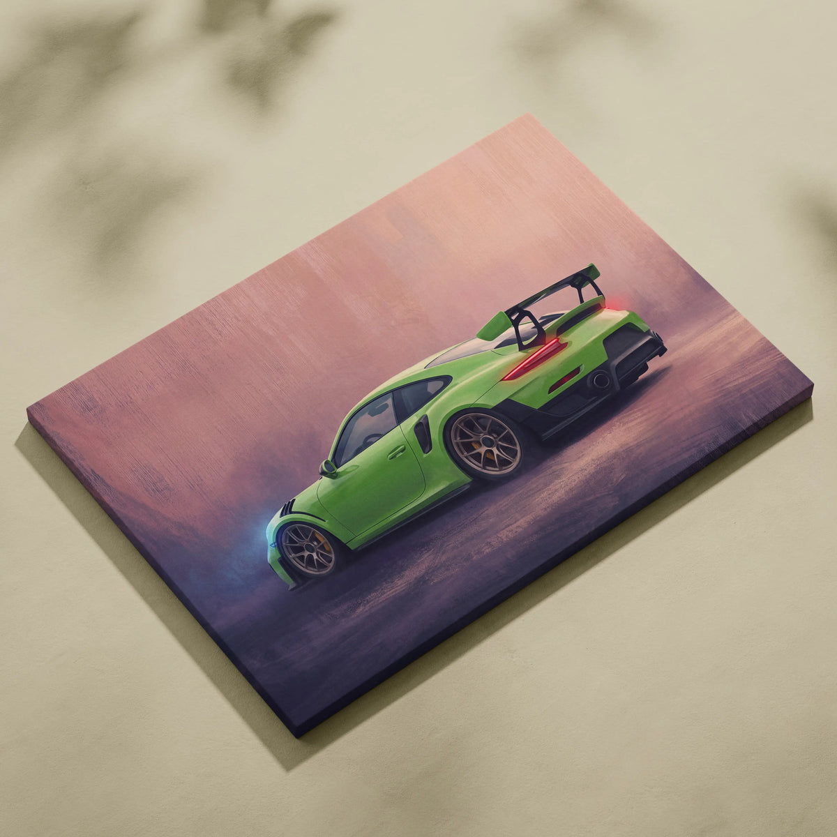 Vibrant lime green porsche 911 gt3 rs sports car on stretched canvas with dynamic motion blur and dramatic lighting wall art