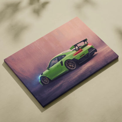 Vibrant lime green porsche 911 gt3 rs sports car on stretched canvas with dynamic motion blur and dramatic lighting wall art