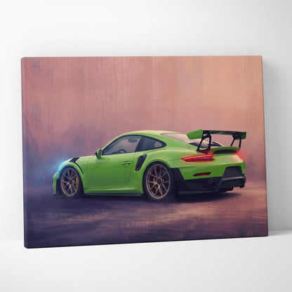 Vibrant lime green porsche 911 gt2 canvas print with black racing stripes and rear spoiler for custom car wall art