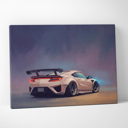Acura nsx inspired supercar canvas art featuring a sleek beige sports car with a rear spoiler and glowing taillights