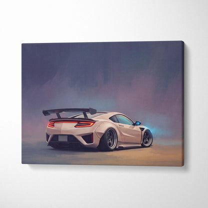 Beige honda nsx sports car canvas print with glowing red taillights and black rear spoiler for jdm custom wall art