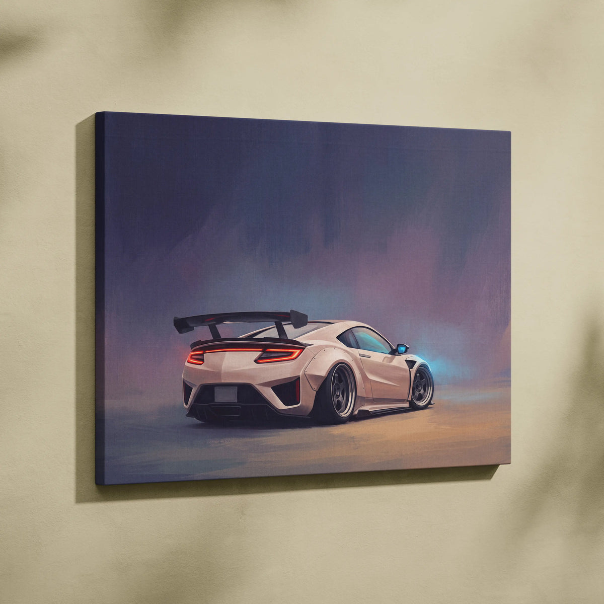 A canvas print of a matte white Honda NSX with black racing stripes and a rear spoiler for custom car wall art