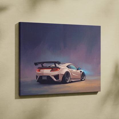 A canvas print of a matte white Honda NSX with black racing stripes and a rear spoiler for custom car wall art