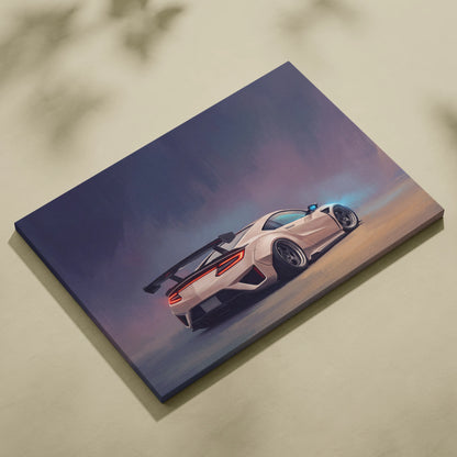 Acura nsx inspired supercar canvas art featuring a white sports car with black stripes and red taillights in motion