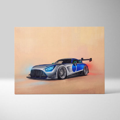 Mercedes-AMG GT inspired sleek silver and blue racing car illustration with rear wing on canvas wall art print