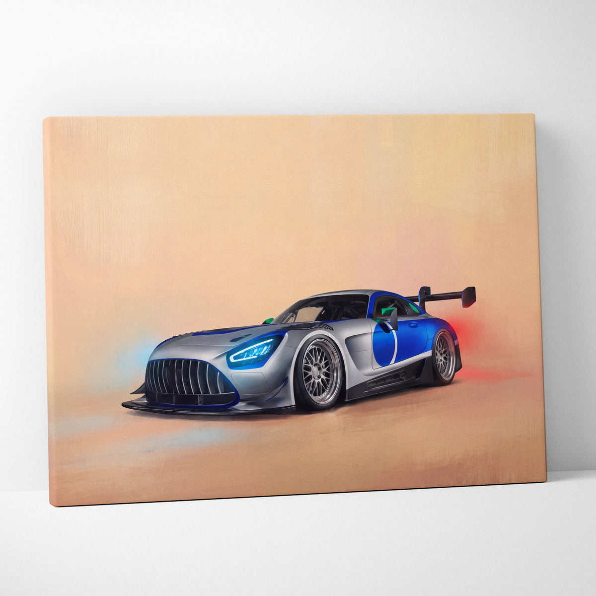Mercedes-AMG GT inspired silver and blue racing car wall art canvas print with glowing headlights and rear spoiler