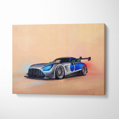Mercedes-AMG GT inspired canvas wall art featuring a silver and blue racing car with glowing headlights and rear spoiler