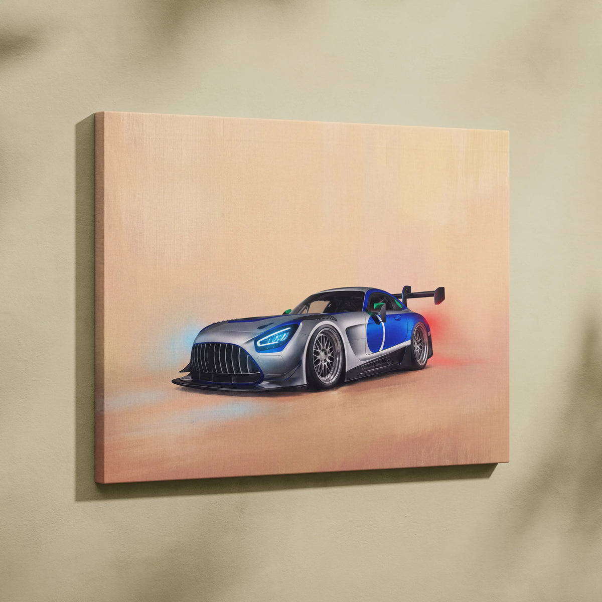 A sleek silver and blue mercedes-amg gt inspired racing car illustration on canvas wall art track edition print