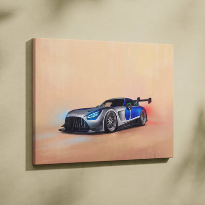 A sleek silver and blue mercedes-amg gt inspired racing car illustration on canvas wall art track edition print