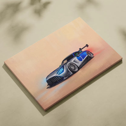 Mercedes-AMG GT inspired car wall art featuring a silver and blue sleek race car with glowing grille and headlights on canvas