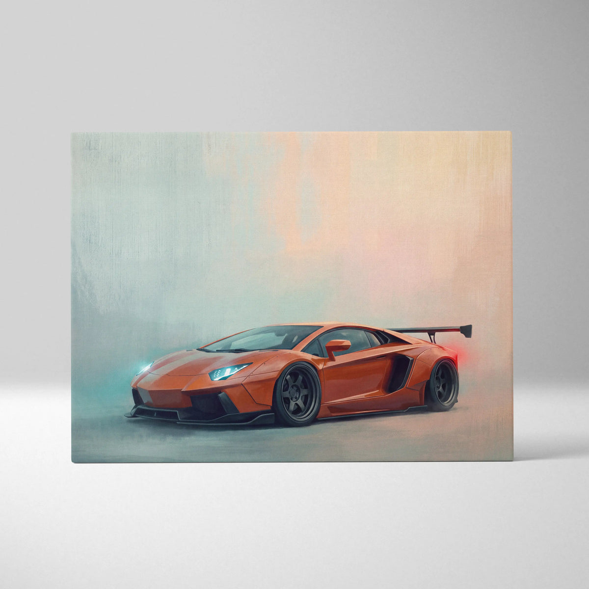 Orange Lamborghini Aventador inspired sports car wall art canvas painting with sleek aerodynamic design and black racing wheels