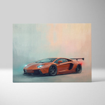 Orange Lamborghini Aventador inspired sports car wall art canvas painting with sleek aerodynamic design and black racing wheels