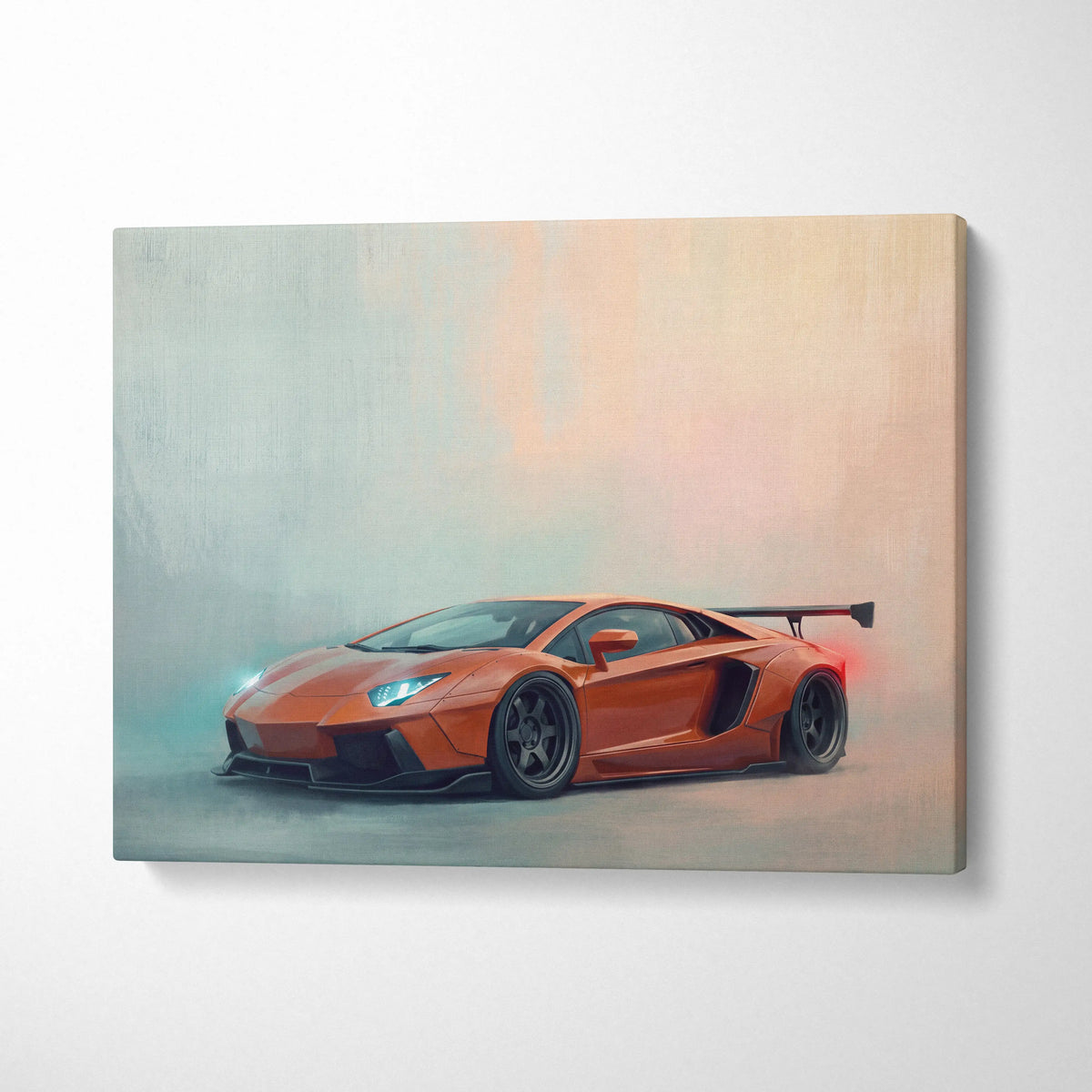 Orange lamborghini aventador track edition canvas wall art featuring sleek design black rims and prominent rear wing